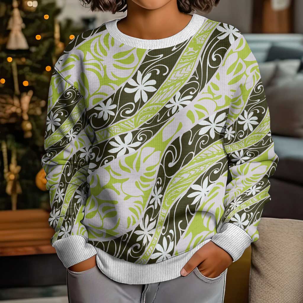 Olive Tahiti Tiare Monstera Kid Ugly Christmas Sweater Polynesian Pattern Curve Style LT01 - Polynesian Pride