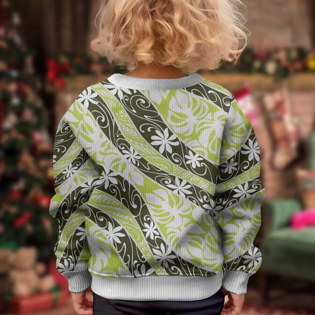Olive Tahiti Tiare Monstera Kid Ugly Christmas Sweater Polynesian Pattern Curve Style LT01 - Polynesian Pride
