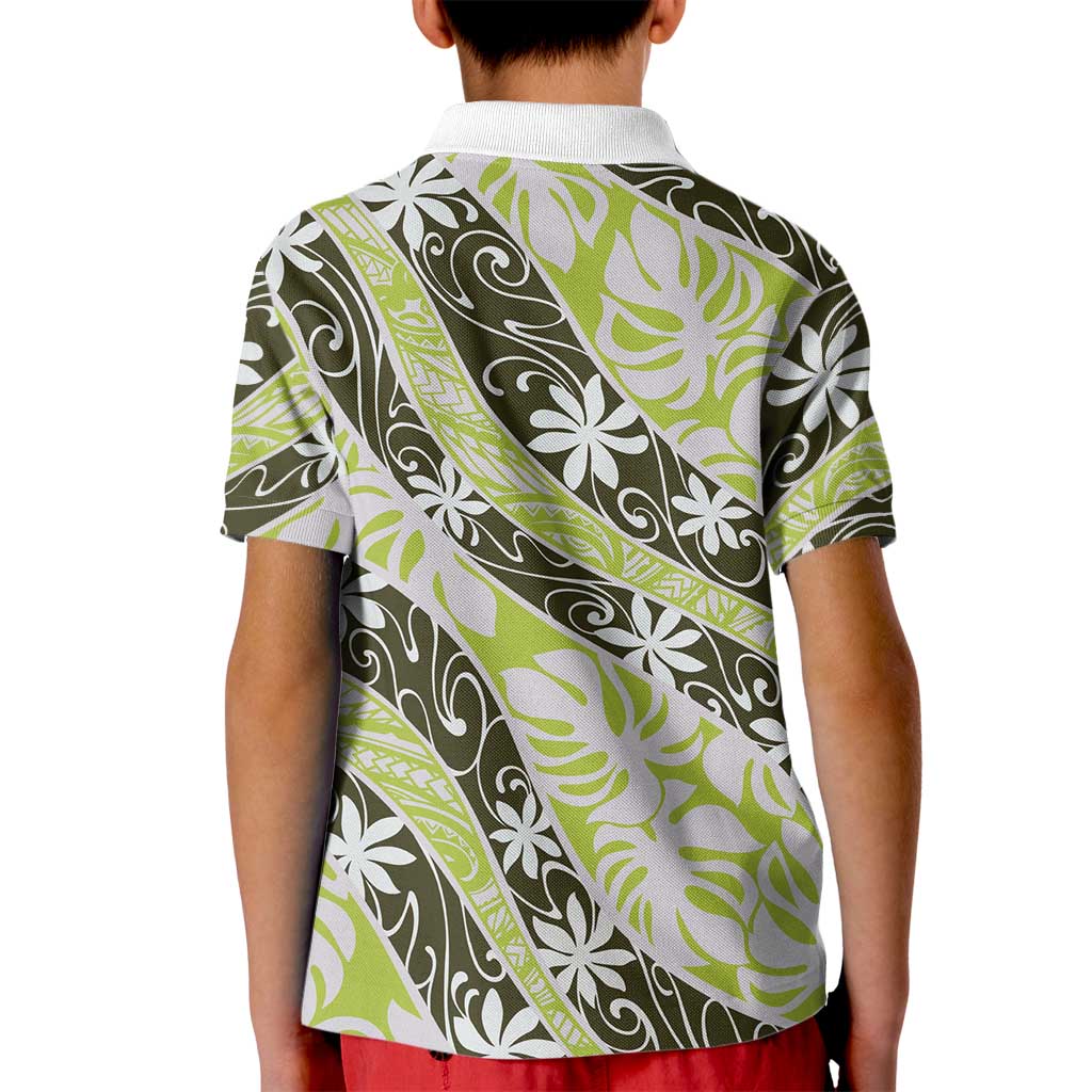 Olive Tahiti Tiare Monstera Kid Polo Shirt Polynesian Pattern Curve Style - Polynesian Pride