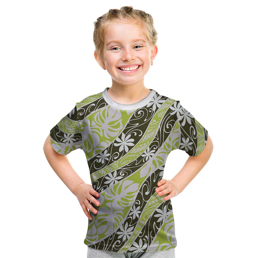 Olive Tahiti Tiare Monstera Kid T Shirt Polynesian Pattern Curve Style LT01 Olive - Polynesian Pride