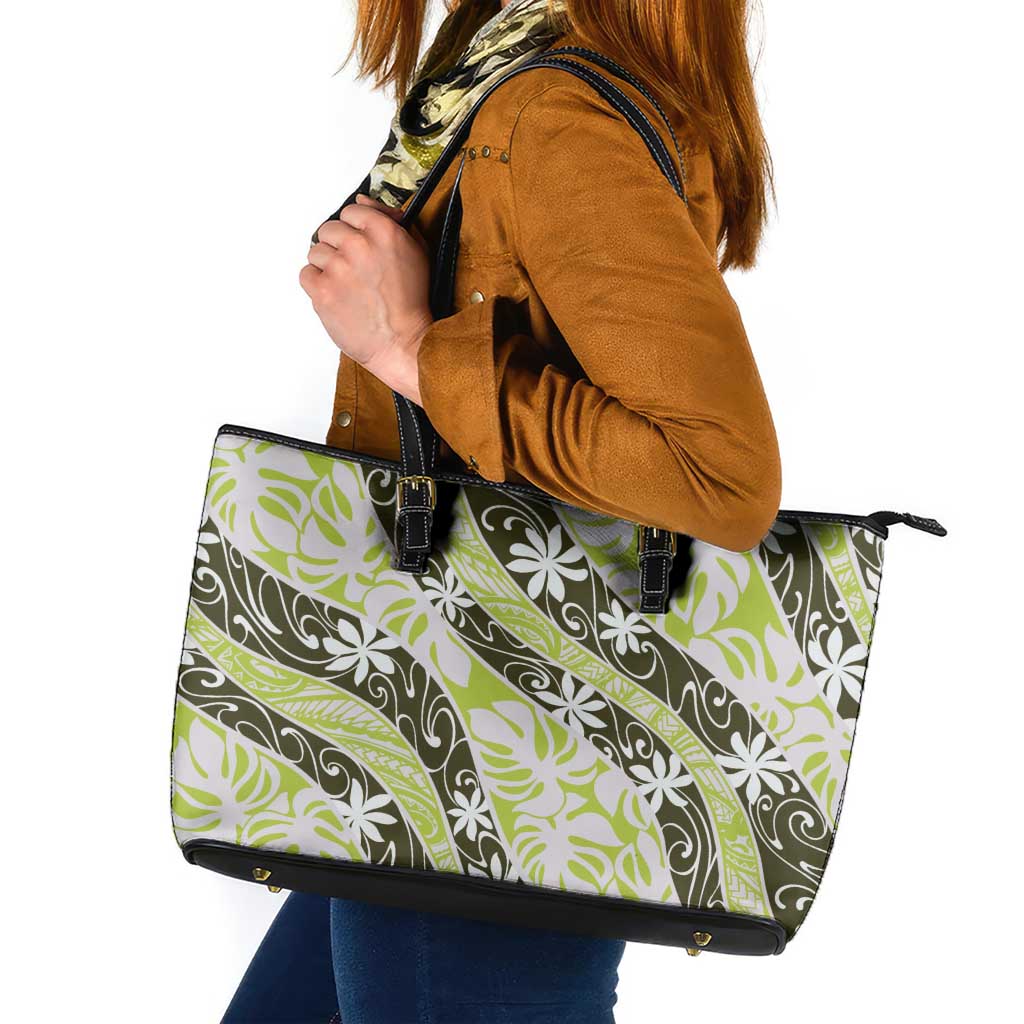 Olive Tahiti Tiare Monstera Leather Tote Bag Polynesian Pattern Curve Style LT01 Olive - Polynesian Pride