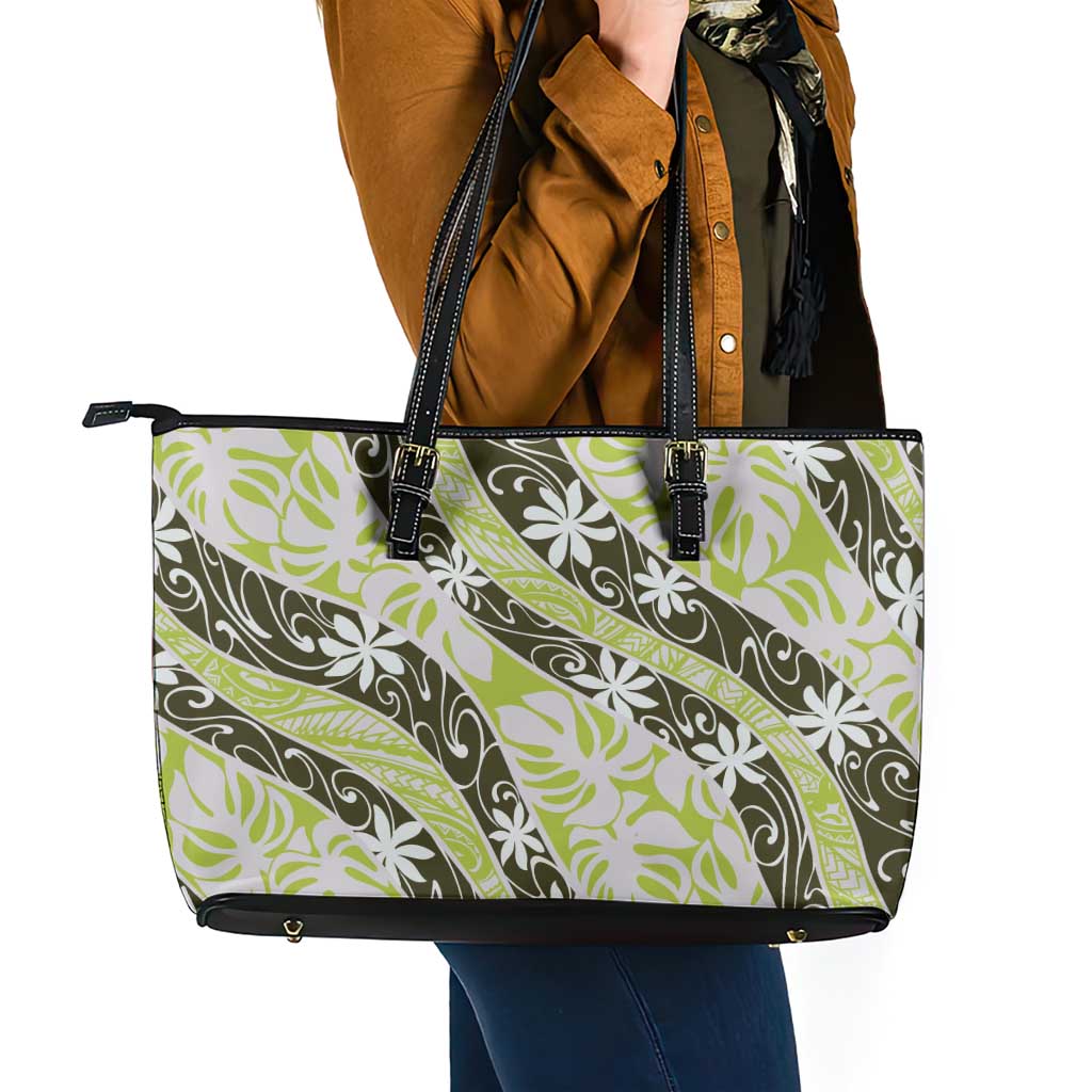 Olive Tahiti Tiare Monstera Leather Tote Bag Polynesian Pattern Curve Style LT01 - Polynesian Pride