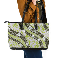 Olive Tahiti Tiare Monstera Leather Tote Bag Polynesian Pattern Curve Style LT01 - Polynesian Pride