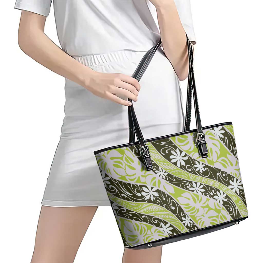 Olive Tahiti Tiare Monstera Leather Tote Bag Polynesian Pattern Curve Style LT01 - Polynesian Pride