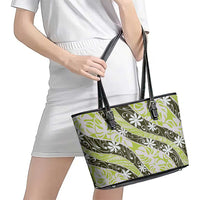 Olive Tahiti Tiare Monstera Leather Tote Bag Polynesian Pattern Curve Style LT01 - Polynesian Pride