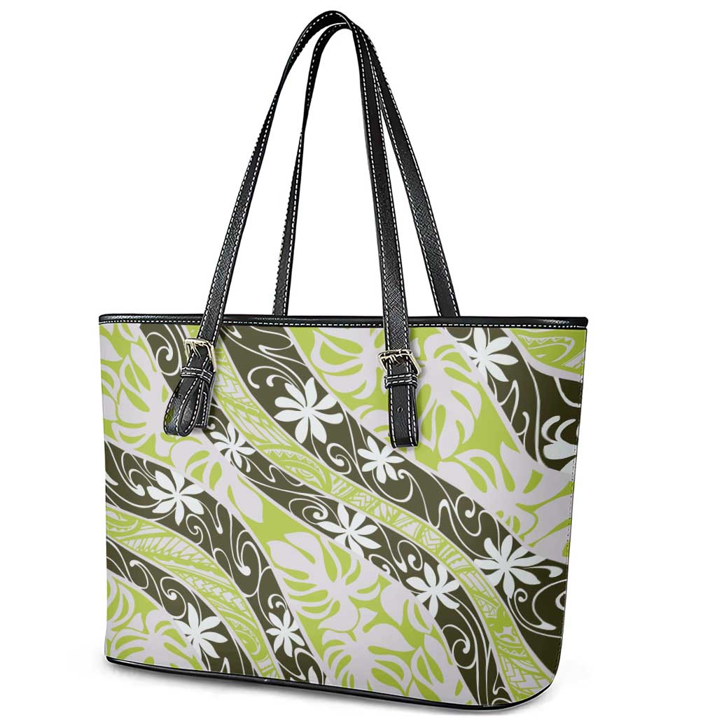Olive Tahiti Tiare Monstera Leather Tote Bag Polynesian Pattern Curve Style LT01 - Polynesian Pride