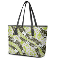 Olive Tahiti Tiare Monstera Leather Tote Bag Polynesian Pattern Curve Style LT01 - Polynesian Pride