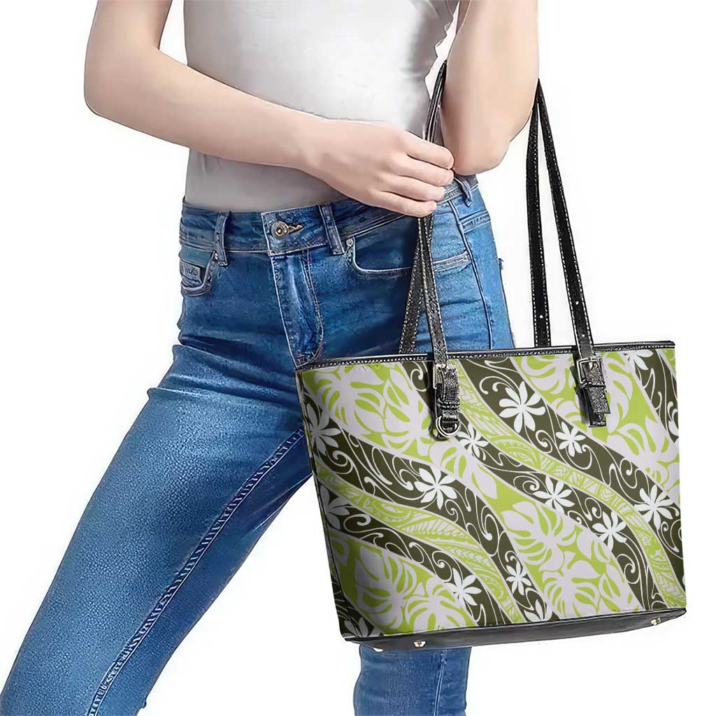 Olive Tahiti Tiare Monstera Leather Tote Bag Polynesian Pattern Curve Style LT01 - Polynesian Pride