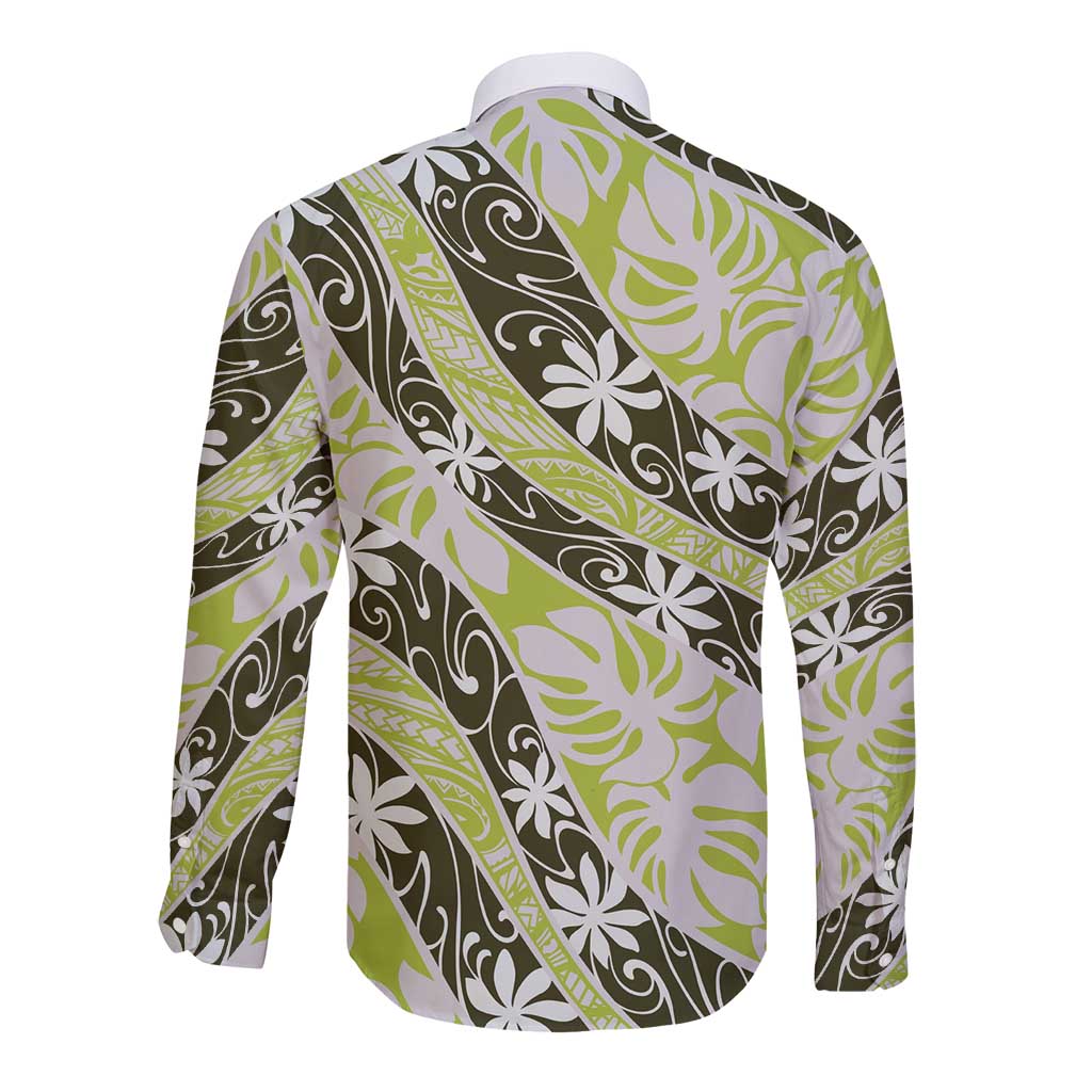 Olive Tahiti Tiare Monstera Long Sleeve Button Shirt Polynesian Pattern Curve Style - Polynesian Pride