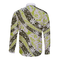 Olive Tahiti Tiare Monstera Long Sleeve Button Shirt Polynesian Pattern Curve Style - Polynesian Pride