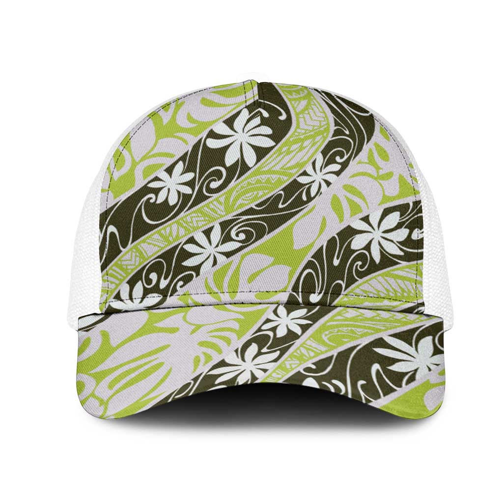 Olive Tahiti Tiare Monstera Mesh Trucker Cap Polynesian Pattern Curve Style - Polynesian Pride