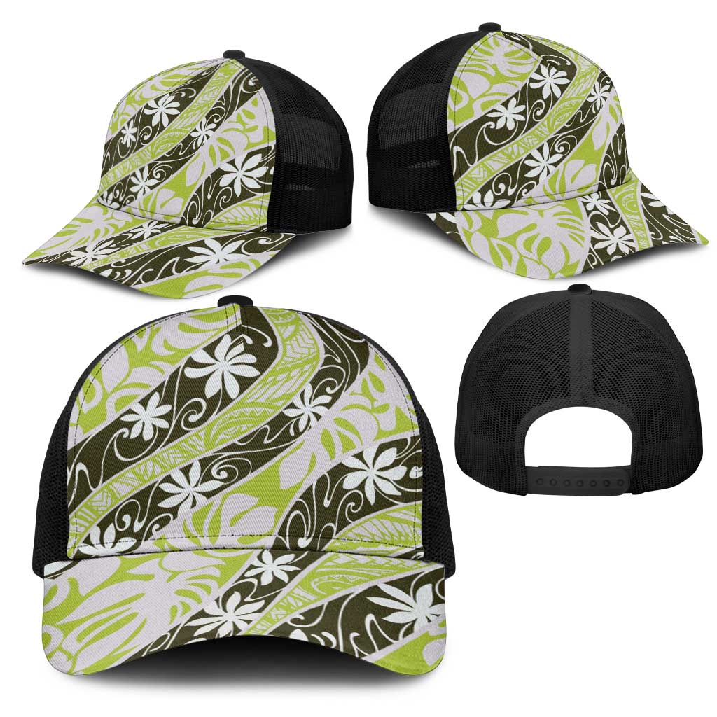 Olive Tahiti Tiare Monstera Mesh Trucker Cap Polynesian Pattern Curve Style - Polynesian Pride