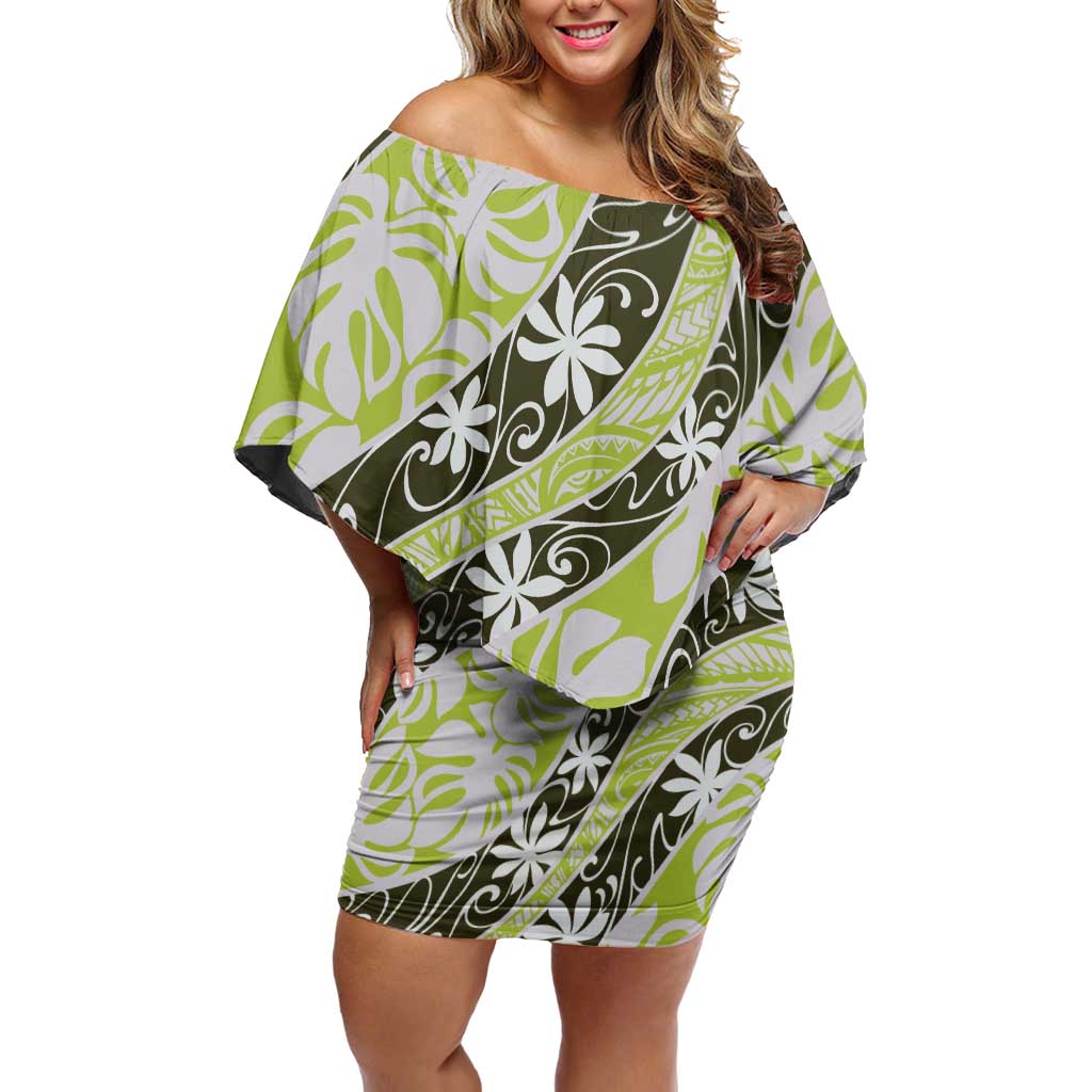 Olive Tahiti Tiare Monstera Off Shoulder Short Dress Polynesian Pattern Curve Style LT01 Women Olive - Polynesian Pride