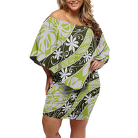 Olive Tahiti Tiare Monstera Off Shoulder Short Dress Polynesian Pattern Curve Style LT01 Women Olive - Polynesian Pride