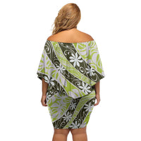 Olive Tahiti Tiare Monstera Off Shoulder Short Dress Polynesian Pattern Curve Style LT01 - Polynesian Pride