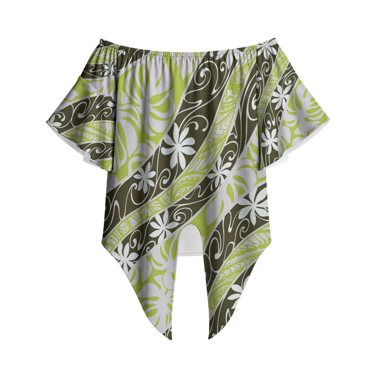 Olive Tahiti Tiare Monstera Off Shoulder Wrap Waist Top Polynesian Pattern Curve Style LT01 Olive - Polynesian Pride