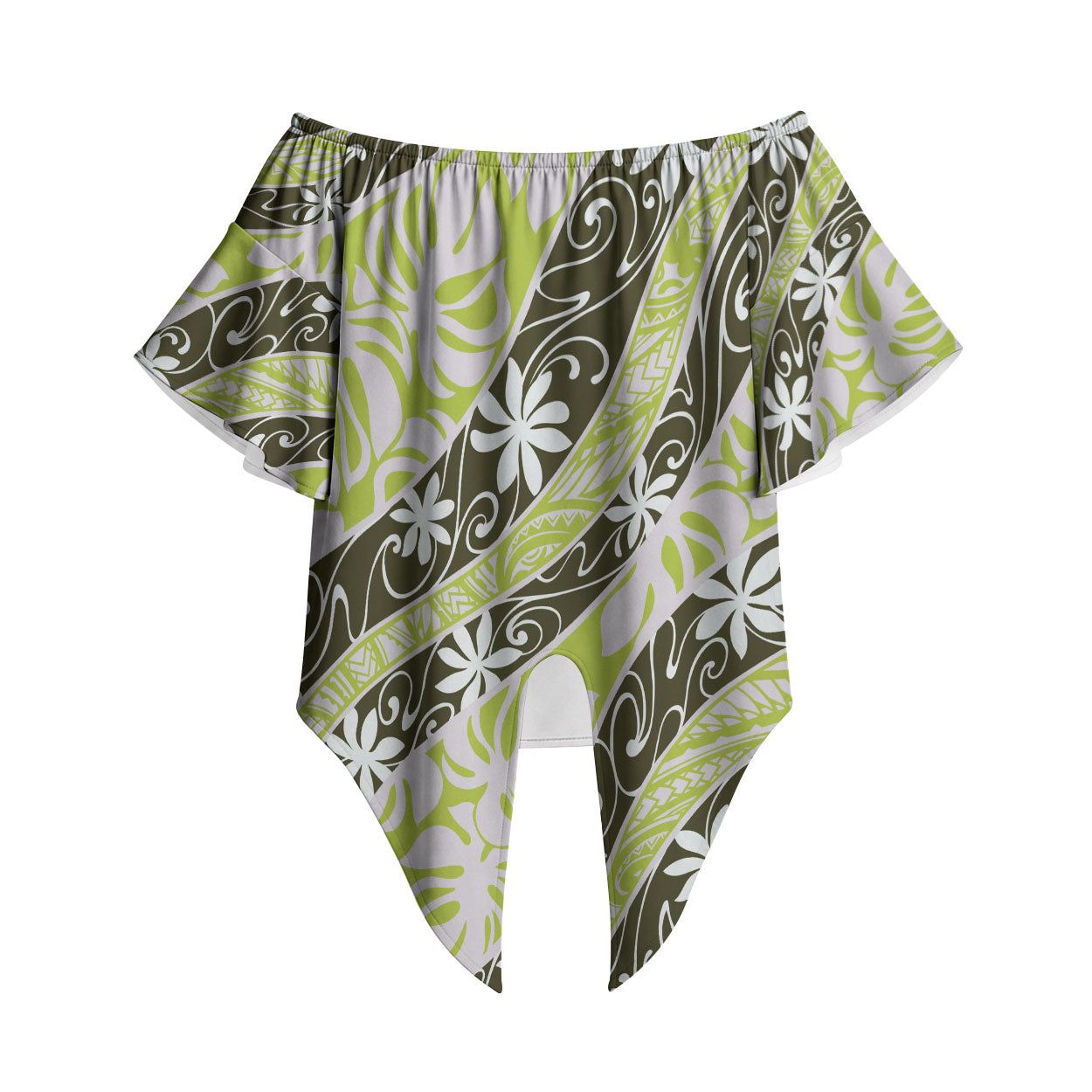 Olive Tahiti Tiare Monstera Off Shoulder Wrap Waist Top Polynesian Pattern Curve Style LT01 Olive - Polynesian Pride