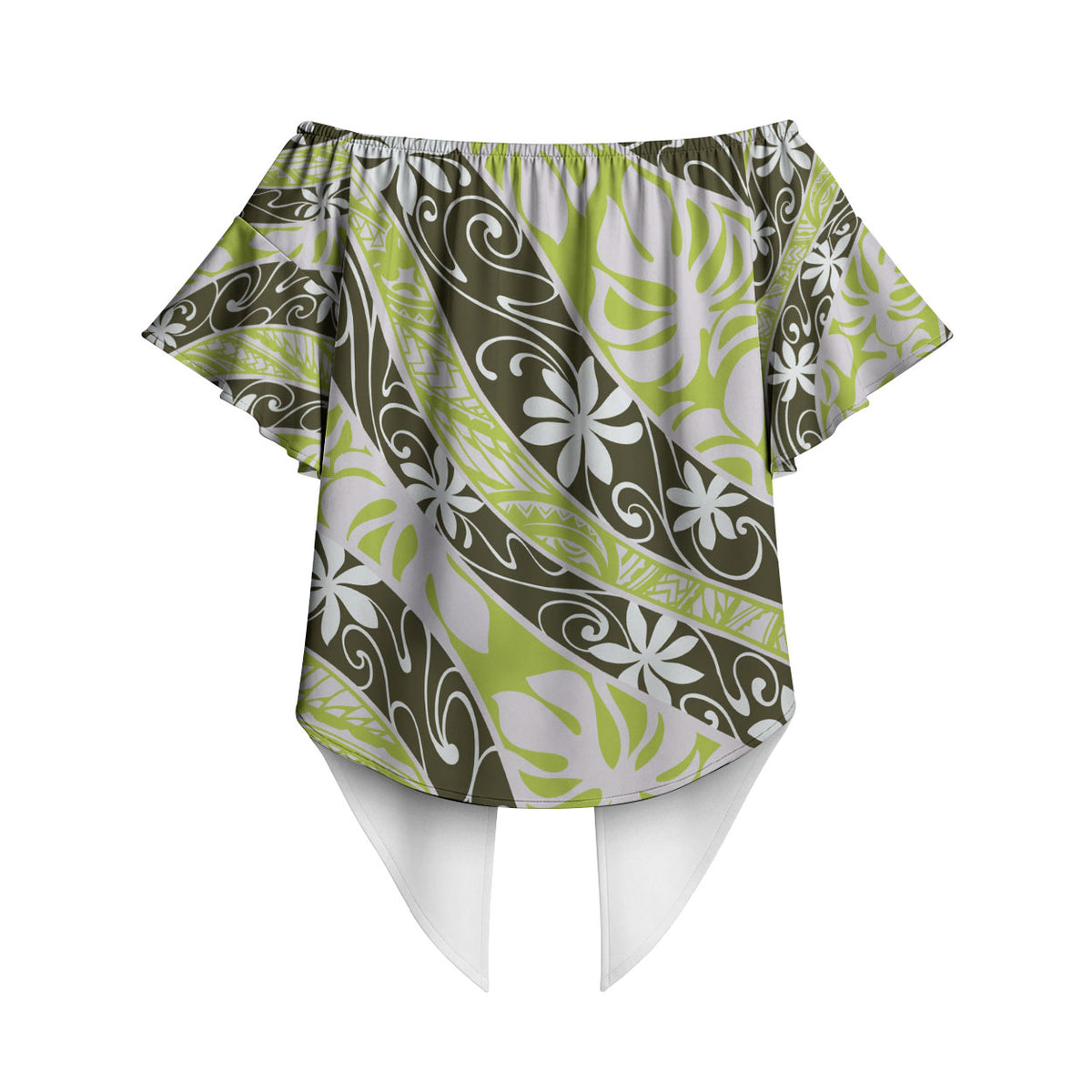 Olive Tahiti Tiare Monstera Off Shoulder Wrap Waist Top Polynesian Pattern Curve Style LT01 - Polynesian Pride