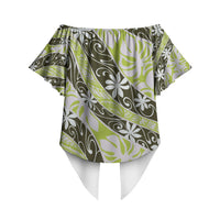 Olive Tahiti Tiare Monstera Off Shoulder Wrap Waist Top Polynesian Pattern Curve Style LT01 - Polynesian Pride