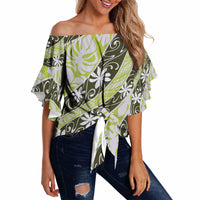 Olive Tahiti Tiare Monstera Off Shoulder Wrap Waist Top Polynesian Pattern Curve Style LT01 - Polynesian Pride