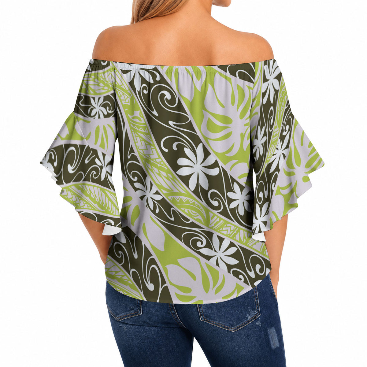 Olive Tahiti Tiare Monstera Off Shoulder Wrap Waist Top Polynesian Pattern Curve Style LT01 - Polynesian Pride