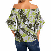 Olive Tahiti Tiare Monstera Off Shoulder Wrap Waist Top Polynesian Pattern Curve Style LT01 - Polynesian Pride