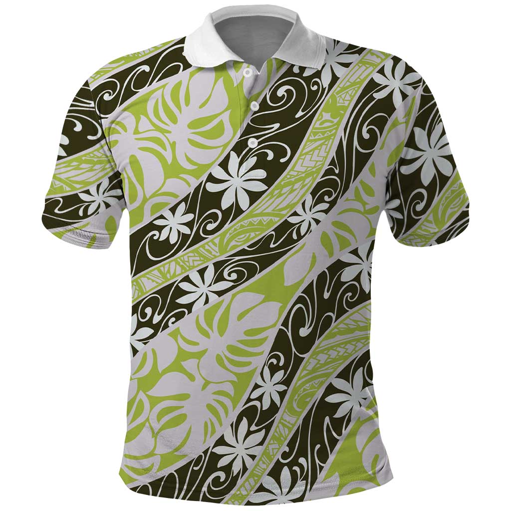 Olive Tahiti Tiare Monstera Polo Shirt Polynesian Pattern Curve Style LT01 Olive - Polynesian Pride