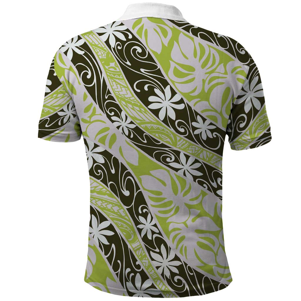 Olive Tahiti Tiare Monstera Polo Shirt Polynesian Pattern Curve Style LT01 - Polynesian Pride