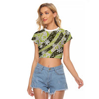 Olive Tahiti Tiare Monstera Raglan Cropped T Shirt Polynesian Pattern Curve Style LT01 Female Olive - Polynesian Pride
