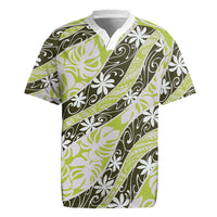 Olive Tahiti Tiare Monstera Rugby Jersey Polynesian Pattern Curve Style - Polynesian Pride