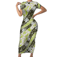Olive Tahiti Tiare Monstera Short Sleeve Bodycon Dress Polynesian Pattern Curve Style LT01 Long Dress Olive - Polynesian Pride