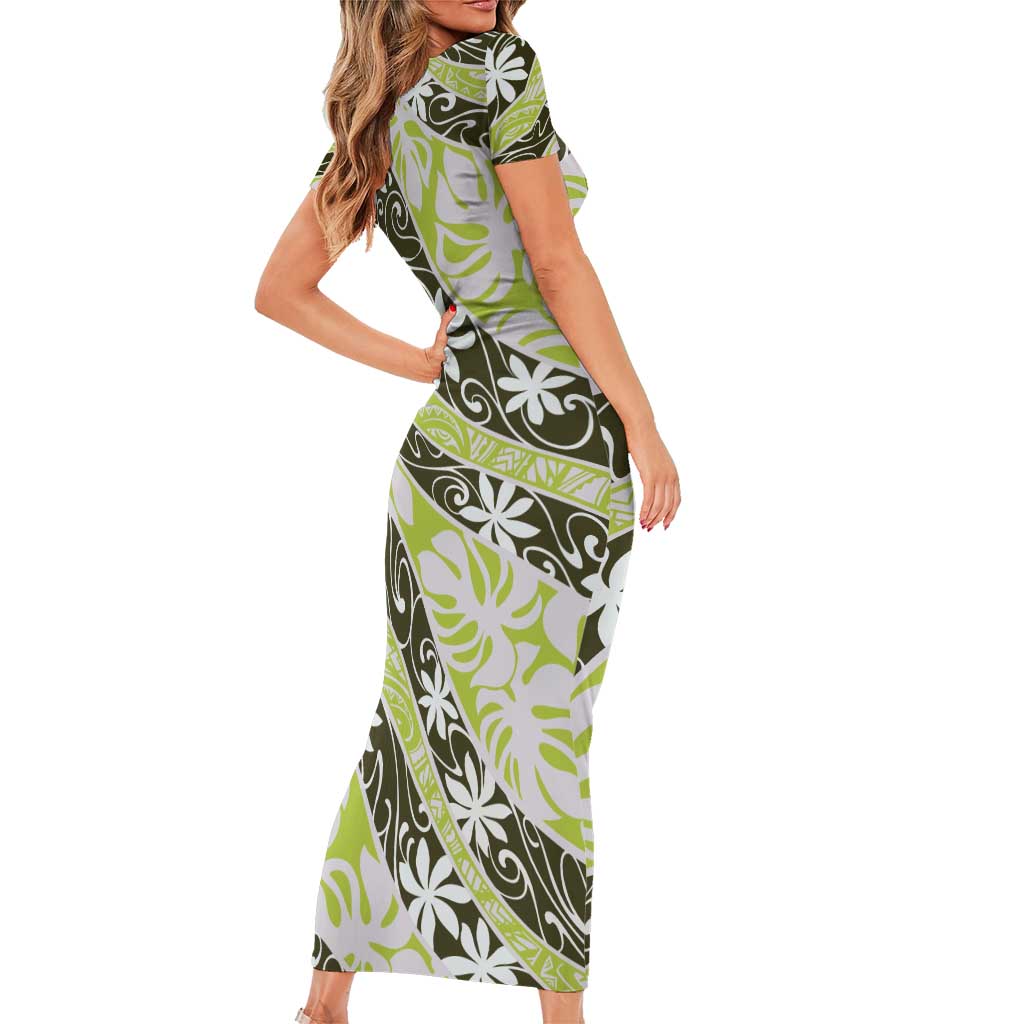 Olive Tahiti Tiare Monstera Short Sleeve Bodycon Dress Polynesian Pattern Curve Style LT01 - Polynesian Pride