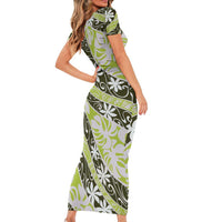 Olive Tahiti Tiare Monstera Short Sleeve Bodycon Dress Polynesian Pattern Curve Style LT01 - Polynesian Pride