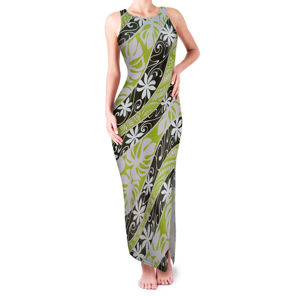 Olive Tahiti Tiare Monstera Tank Maxi Dress Polynesian Pattern Curve Style LT01 Women Olive - Polynesian Pride