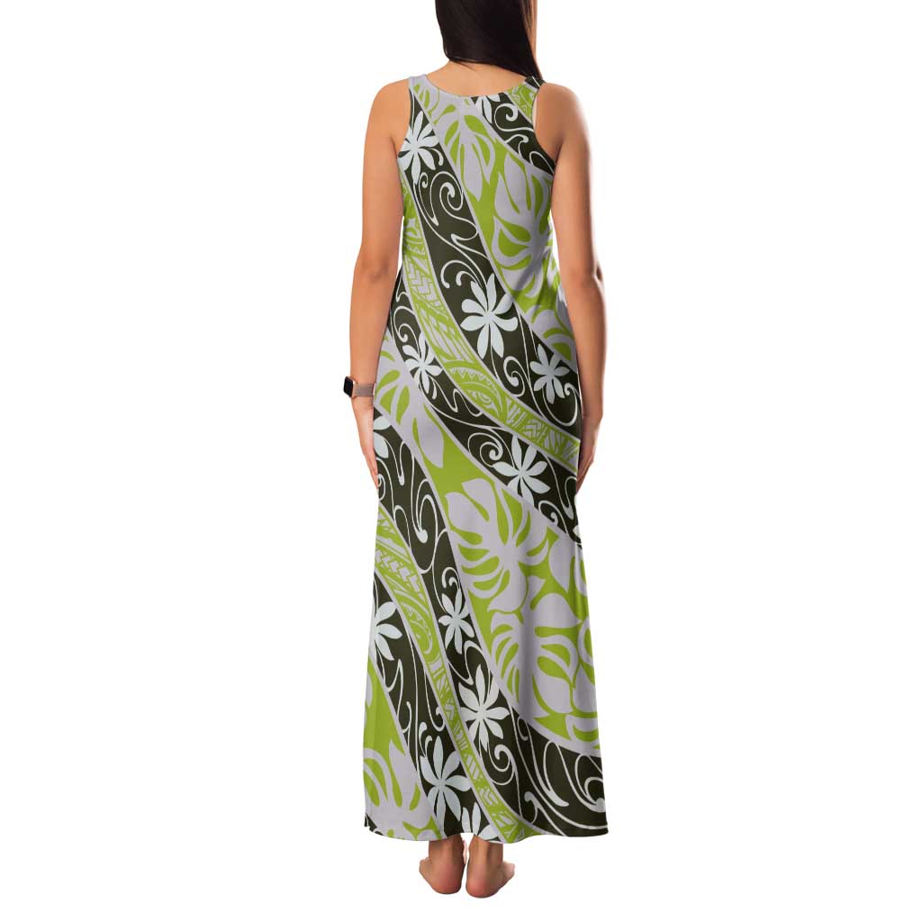 Olive Tahiti Tiare Monstera Tank Maxi Dress Polynesian Pattern Curve Style LT01 - Polynesian Pride