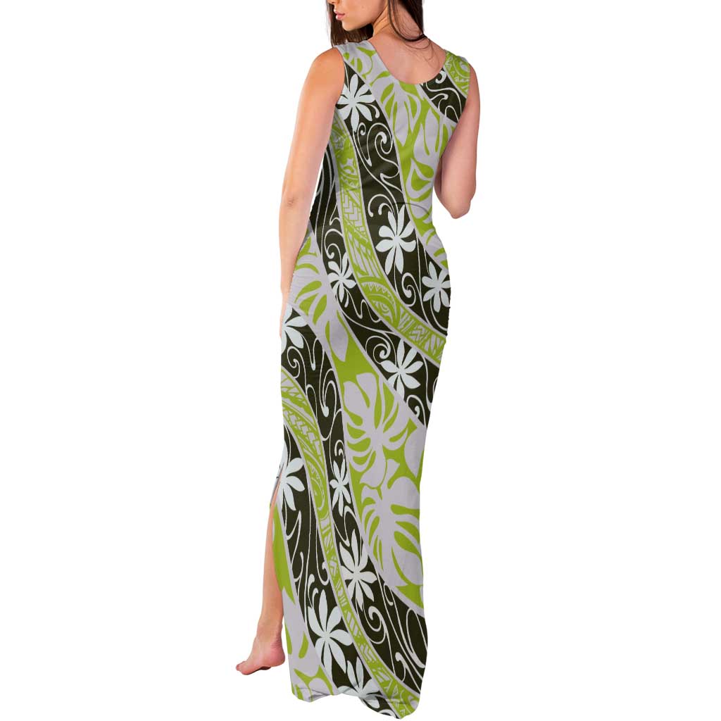 Olive Tahiti Tiare Monstera Tank Maxi Dress Polynesian Pattern Curve Style LT01 - Polynesian Pride