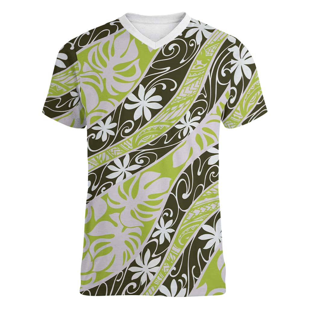 Olive Tahiti Tiare Monstera Women V-Neck T-Shirt Polynesian Pattern Curve Style - Polynesian Pride