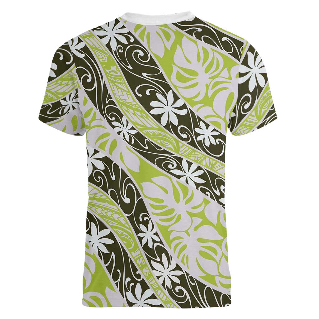 Olive Tahiti Tiare Monstera Women V-Neck T-Shirt Polynesian Pattern Curve Style - Polynesian Pride