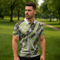 Olive Tahiti Tiare Monstera Zipper Polo Shirt Polynesian Pattern Curve Style - Polynesian Pride