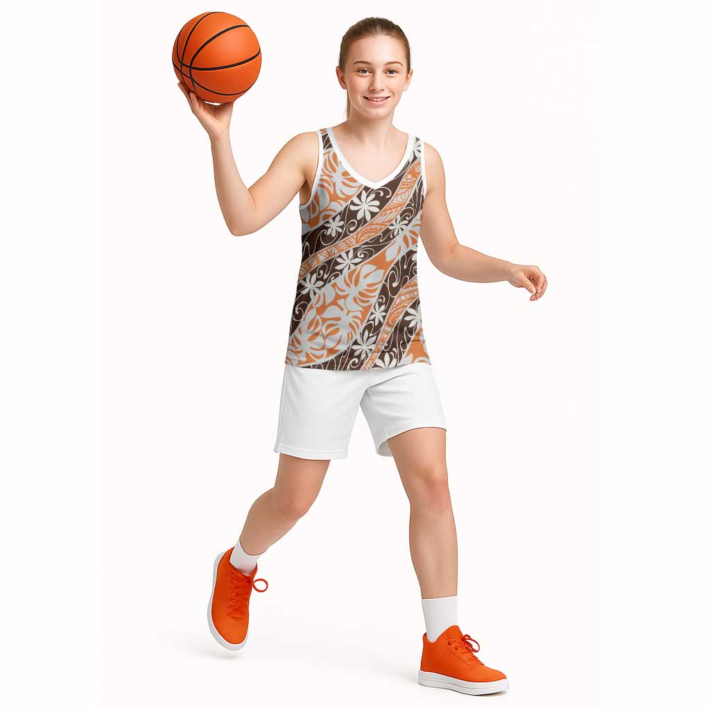 Puatou Tahiti Tiare Monstera Basketball Jersey Polynesian Pattern Curve Style - Polynesian Pride