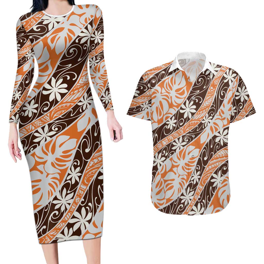 Puatou Tahiti Tiare Monstera Couples Matching Long Sleeve Bodycon Dress and Hawaiian Shirt Polynesian Pattern Curve Style LT01 Orange - Polynesian Pride