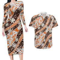 Puatou Tahiti Tiare Monstera Couples Matching Long Sleeve Bodycon Dress and Hawaiian Shirt Polynesian Pattern Curve Style LT01 Orange - Polynesian Pride