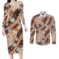 Puatou Tahiti Tiare Monstera Couples Matching Long Sleeve Bodycon Dress and Long Sleeve Button Shirt Polynesian Pattern Curve Style LT01 Orange - Polynesian Pride