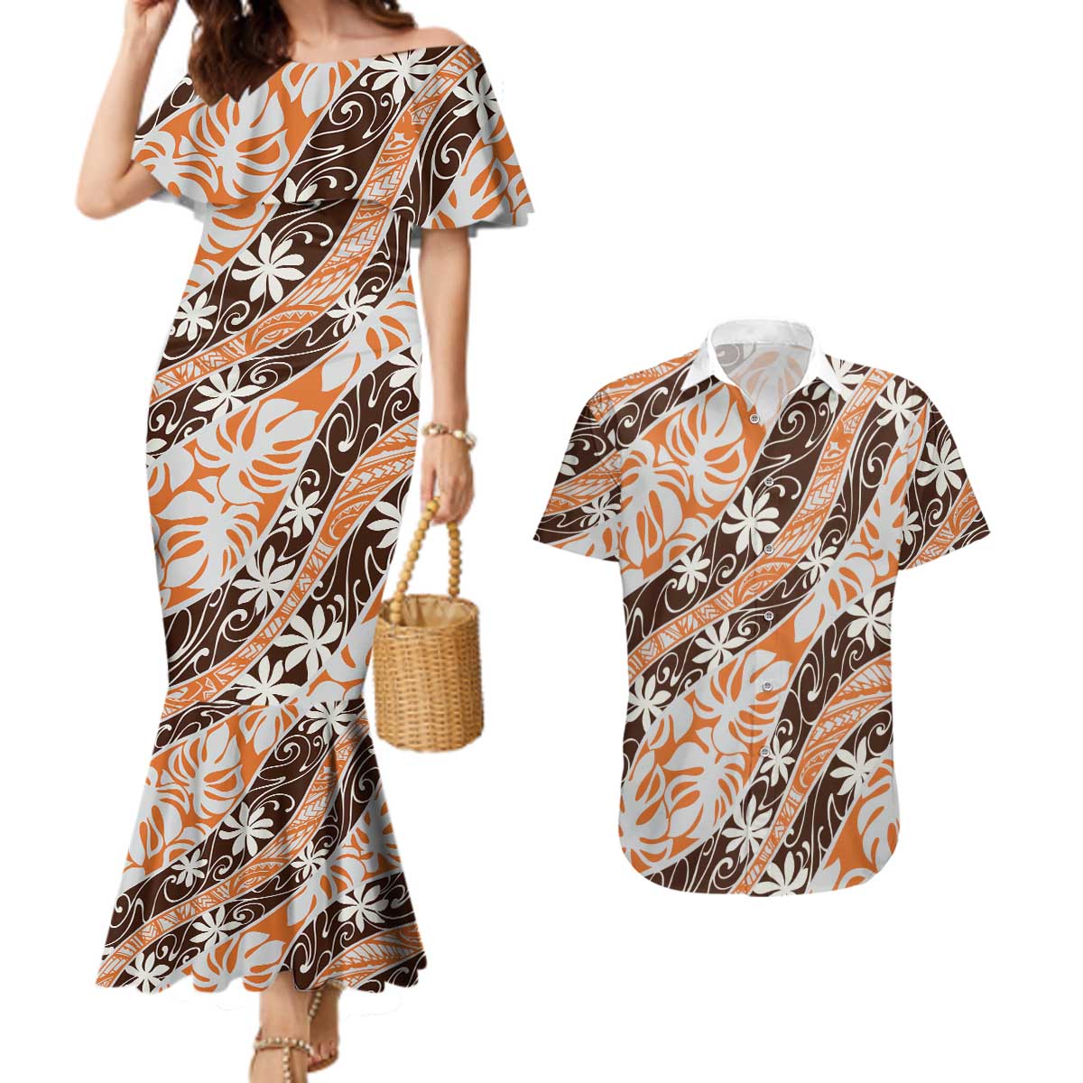 Puatou Tahiti Tiare Monstera Couples Matching Mermaid Dress and Hawaiian Shirt Polynesian Pattern Curve Style LT01 Orange - Polynesian Pride
