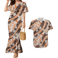 Puatou Tahiti Tiare Monstera Couples Matching Mermaid Dress and Hawaiian Shirt Polynesian Pattern Curve Style LT01 Orange - Polynesian Pride