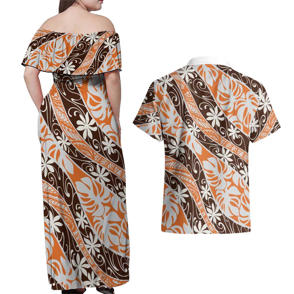 Puatou Tahiti Tiare Monstera Couples Matching Off Shoulder Maxi Dress and Hawaiian Shirt Polynesian Pattern Curve Style LT01 - Polynesian Pride