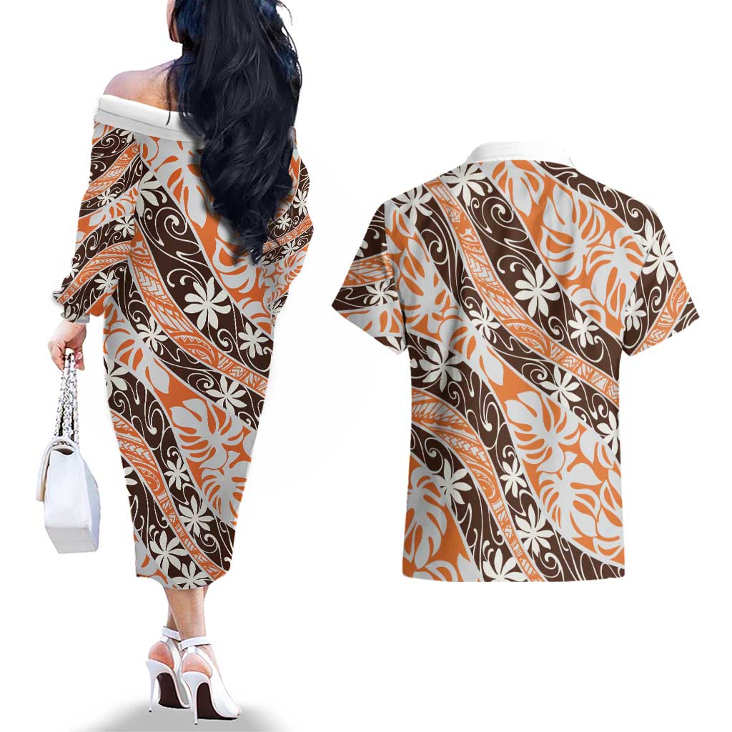 Puatou Tahiti Tiare Monstera Couples Matching Off The Shoulder Long Sleeve Dress and Hawaiian Shirt Polynesian Pattern Curve Style LT01 - Polynesian Pride