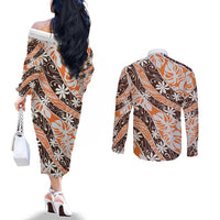 Puatou Tahiti Tiare Monstera Couples Matching Off The Shoulder Long Sleeve Dress and Long Sleeve Button Shirt Polynesian Pattern Curve Style LT01 - Polynesian Pride