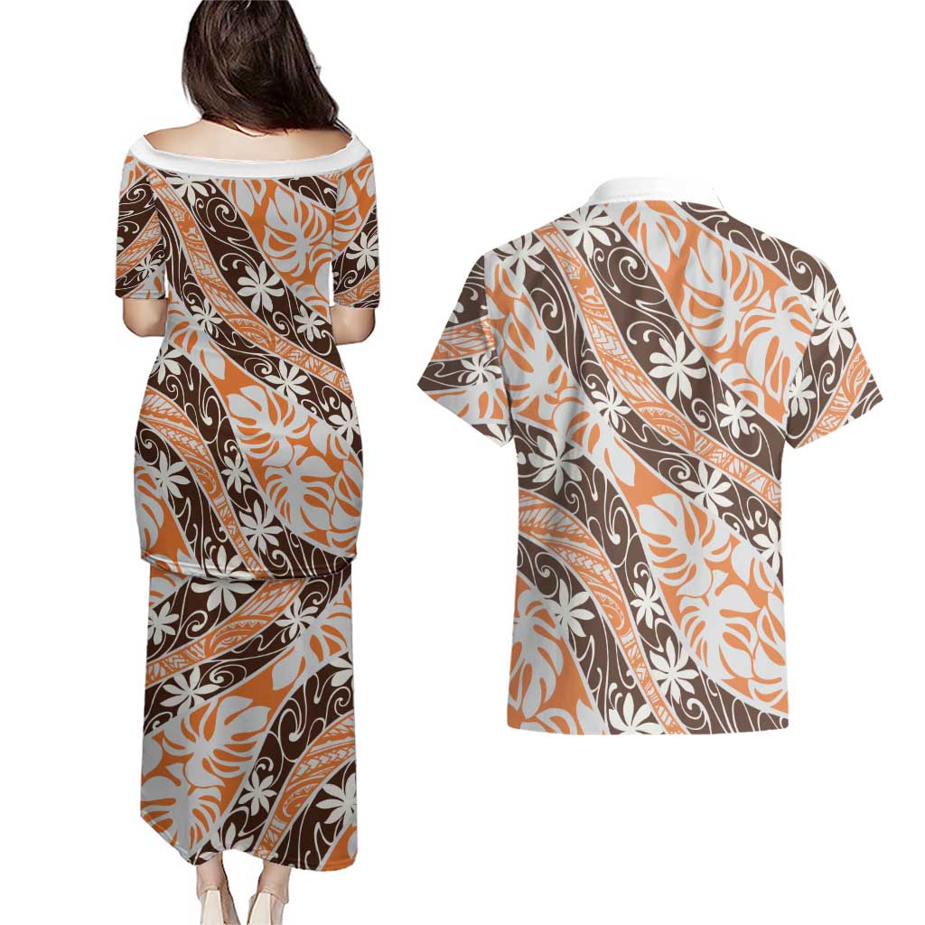 Puatou Tahiti Tiare Monstera Couples Matching Puletasi and Hawaiian Shirt Polynesian Pattern Curve Style - Polynesian Pride