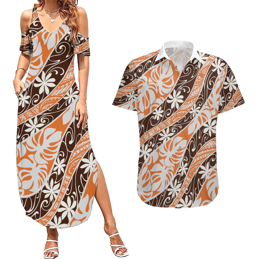 Puatou Tahiti Tiare Monstera Couples Matching Summer Maxi Dress and Hawaiian Shirt Polynesian Pattern Curve Style LT01 Orange - Polynesian Pride